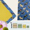 Dog-themed and yellow floral beeswax wrap fabrics shown flat with size guide