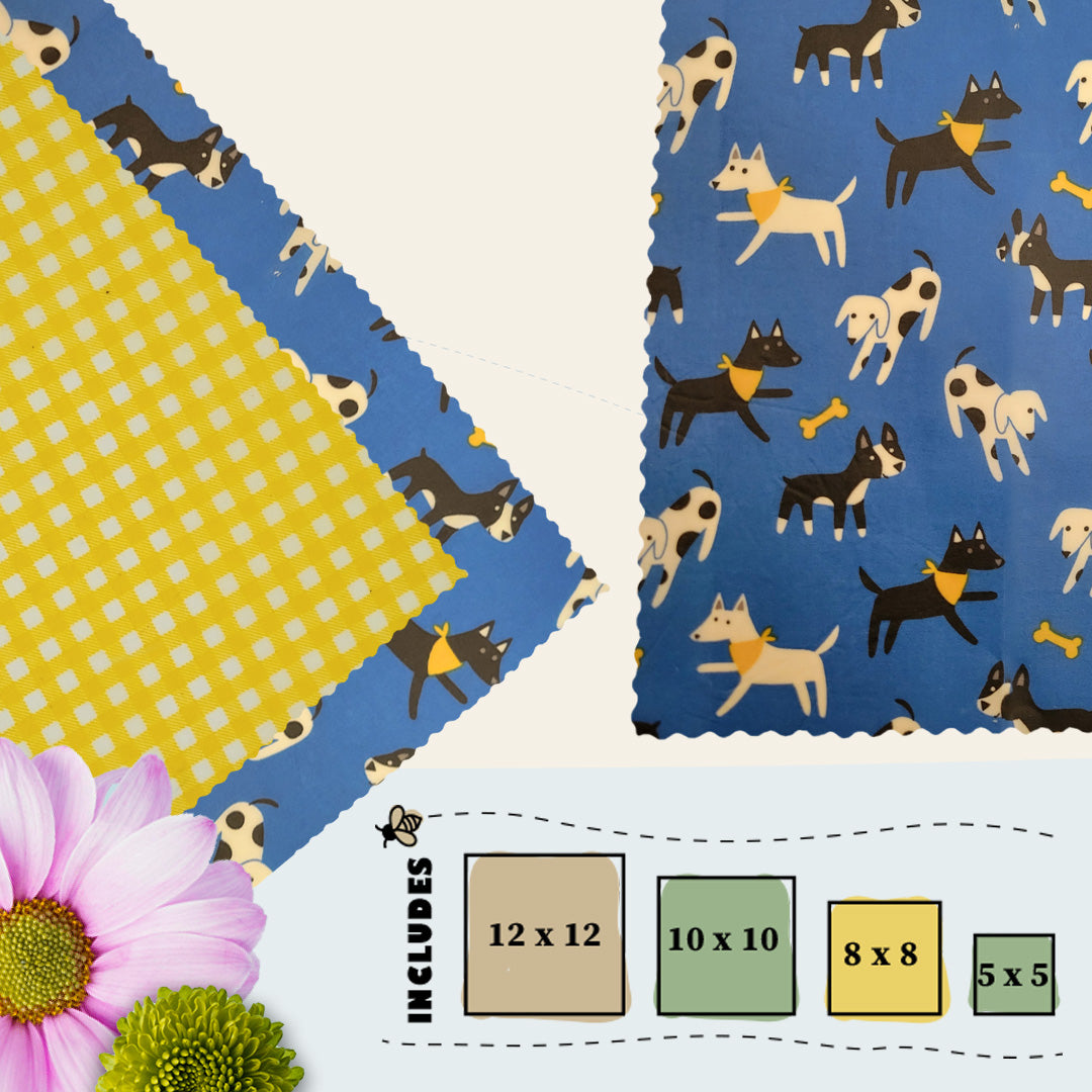 Dog-themed and yellow floral beeswax wrap fabrics shown flat with size guide