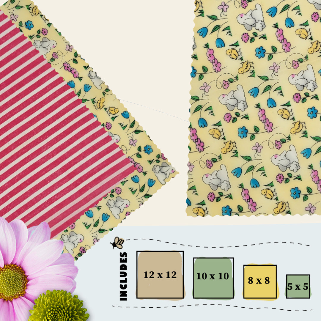 Bunnies in Bloom beeswax food wraps in four sizes, featuring a spring pattern with white rabbits, tulips, and birds