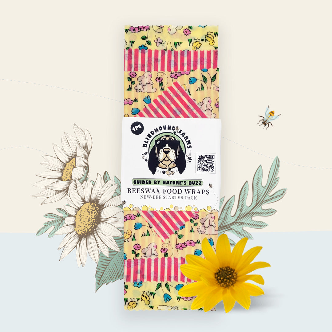 Blindhound Farms Bunnies in Bloom wrap pack with rabbit and tulip print, folded and labeled