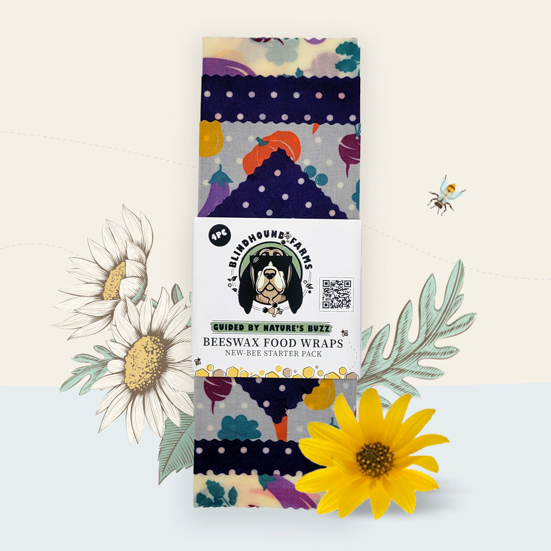 New-Bee Starter Pack – Garden Variety by Blindhound Farms with vegetable print and purple polka dots, folded and labeled for retail