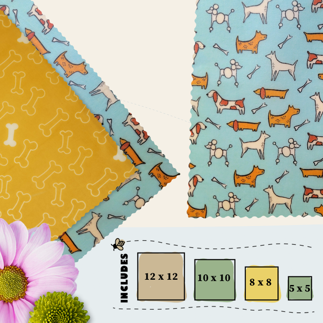 Dog-themed beeswax wraps with cartoon poodles and golden bone pattern fully laid out – New-Bee Starter Pack Golden Bone Gang