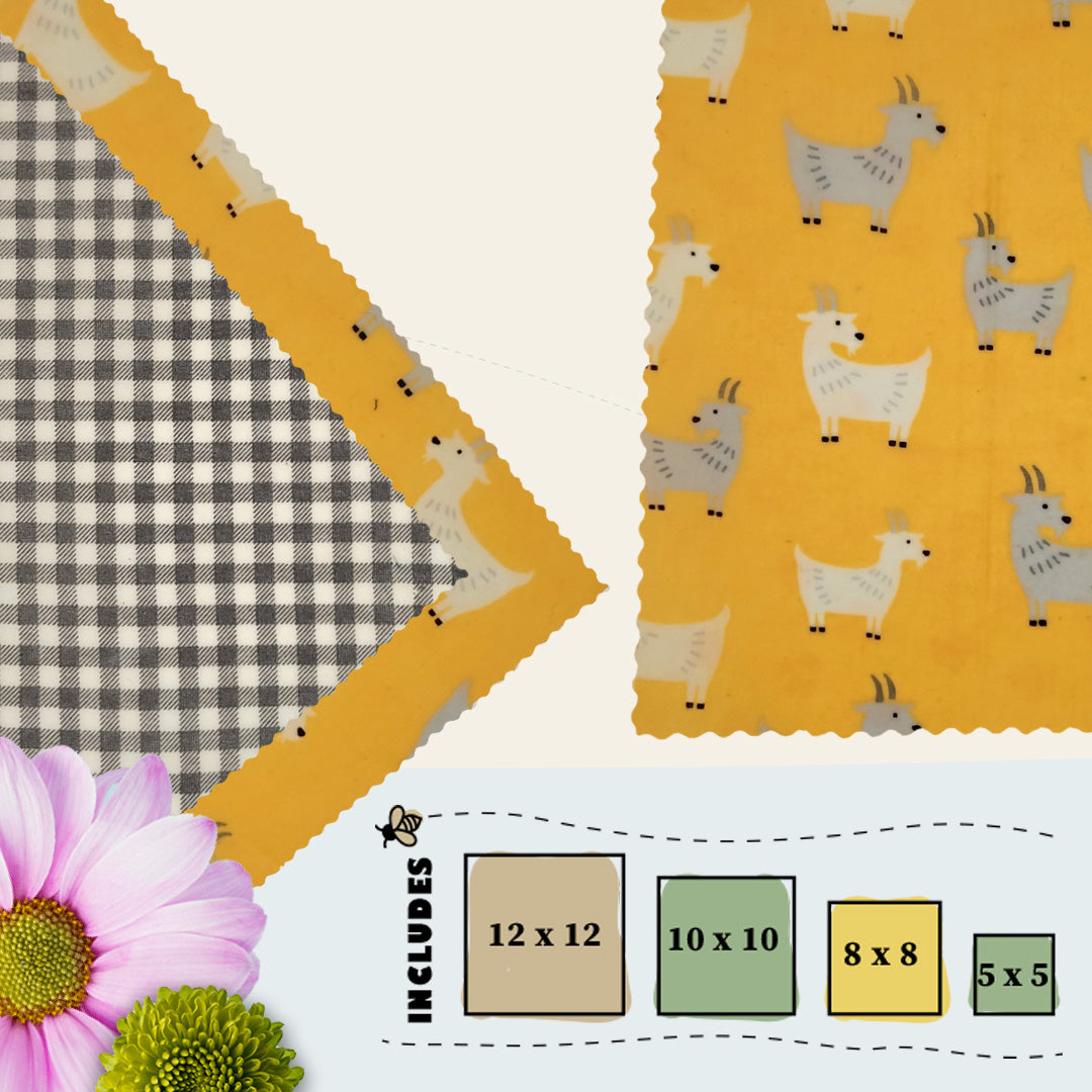 Goat-themed beeswax food wraps in four sizes, part of the Grazin’ Good Collection from Blindhound Farms