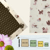 Flatlay of cowboy cat and brown polka dot beeswax wrap fabrics with size layout