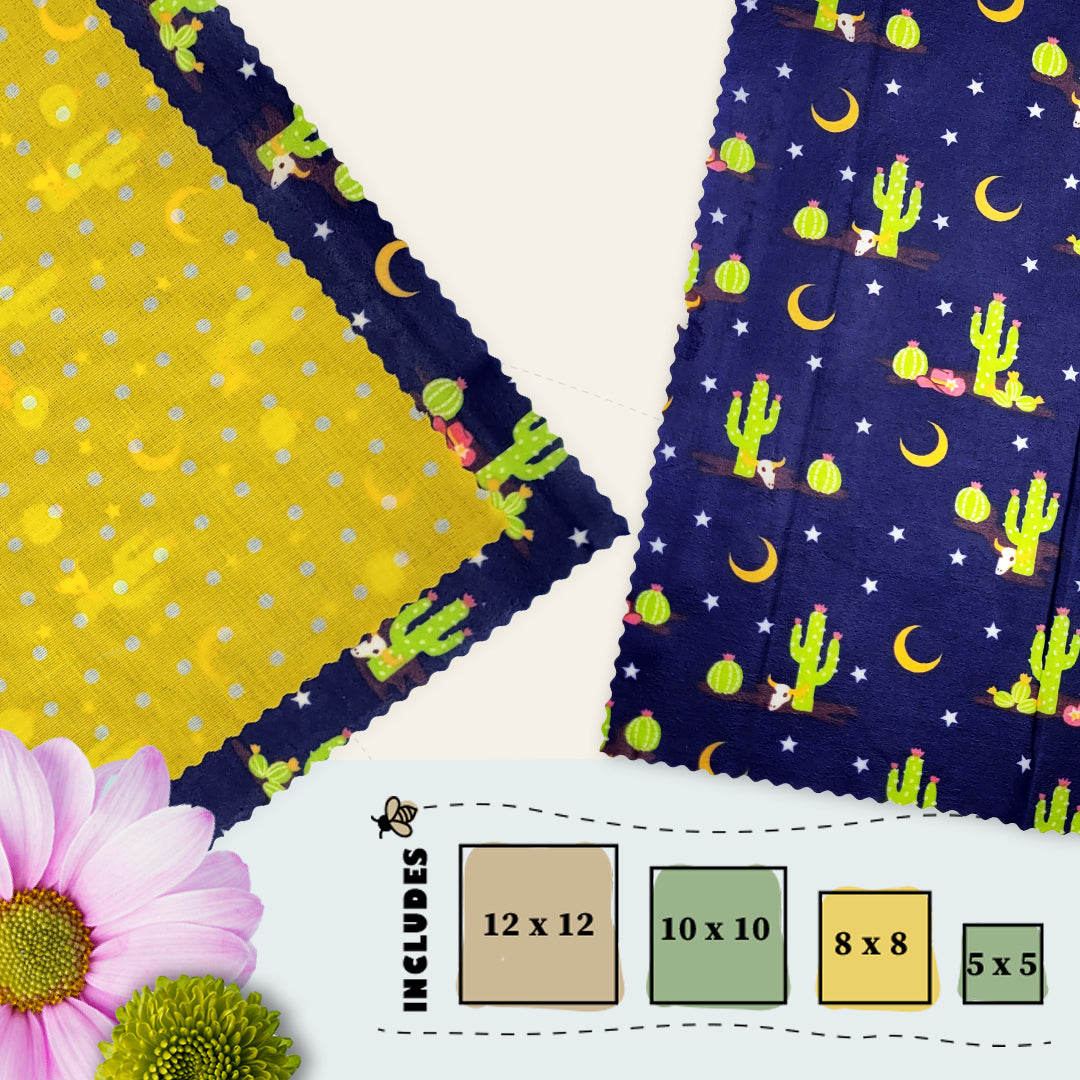 Beeswax food wraps in four sizes with a dark blue cactus and crescent moon pattern, part of the Midnight in the Southwest pack by Blindhound Farms