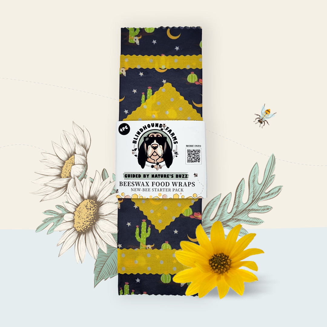 Midnight in the Southwest wrap pack by Blindhound Farms with cactus, yellow moons, and star print, folded and labeled for sale