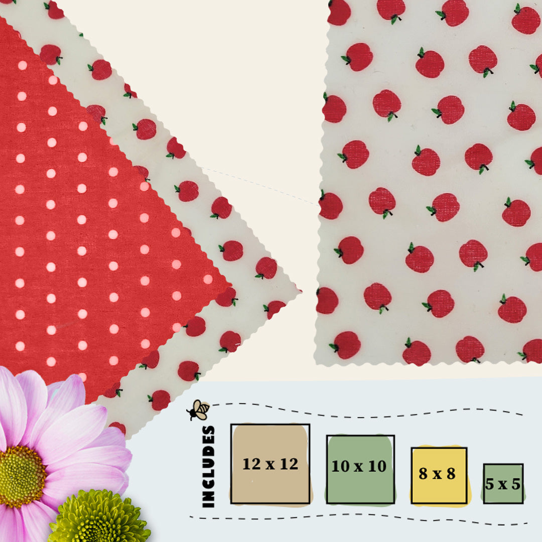 Red apple-themed beeswax food wraps in four sizes with polka dot secondary fabric, displayed flat