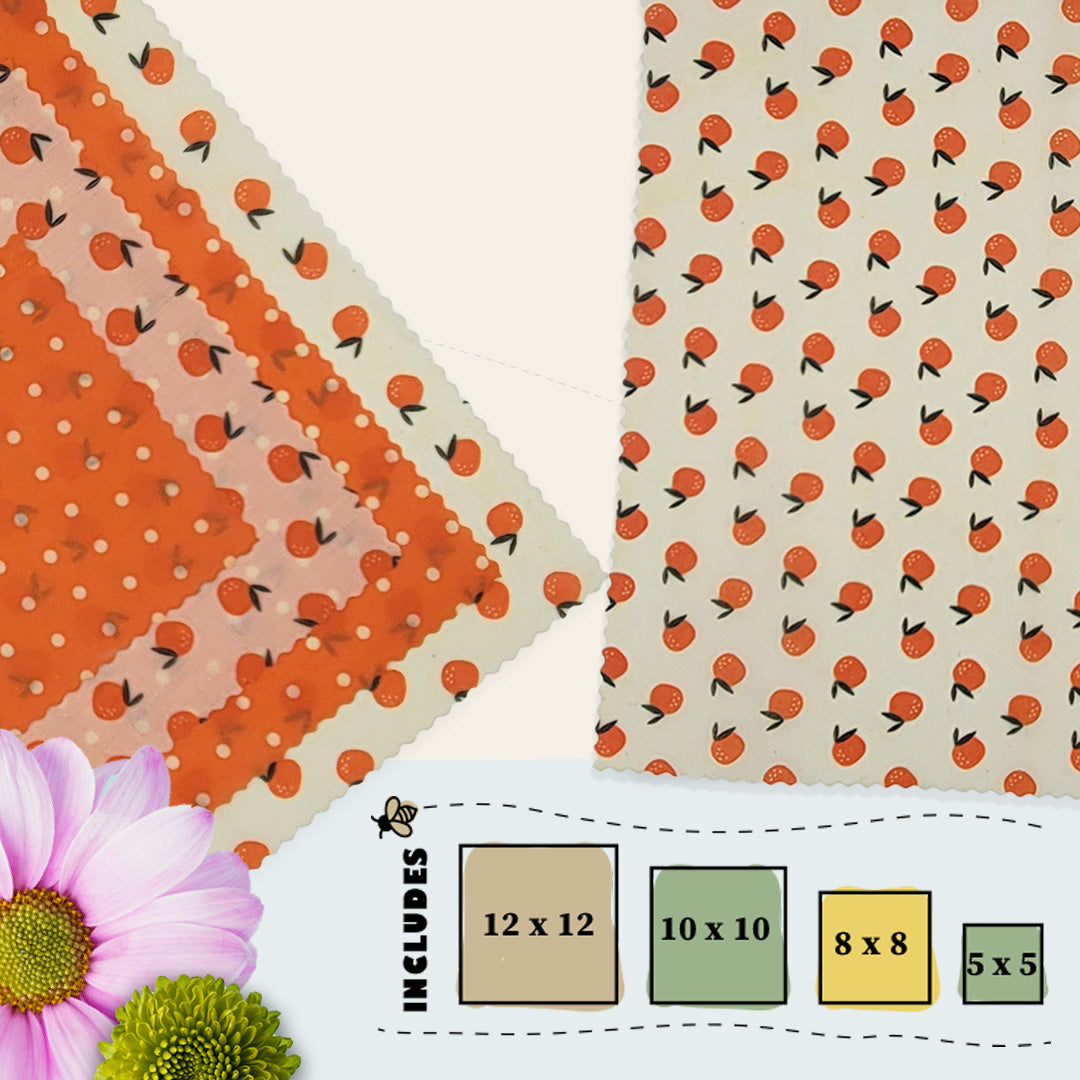 Blindhound Farms New-Bee Starter Pack with citrus print beeswax wraps, folded and labeled for sale