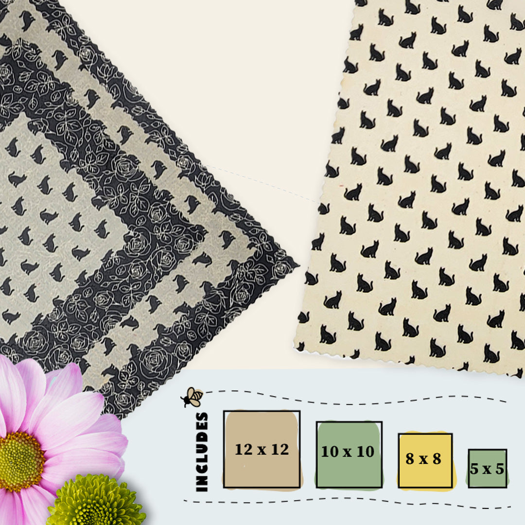 Beeswax food wraps with black-and-white cat silhouette print and rose outline secondary fabric, part of the Purrfect Bloom pack by Blindhound Farms
