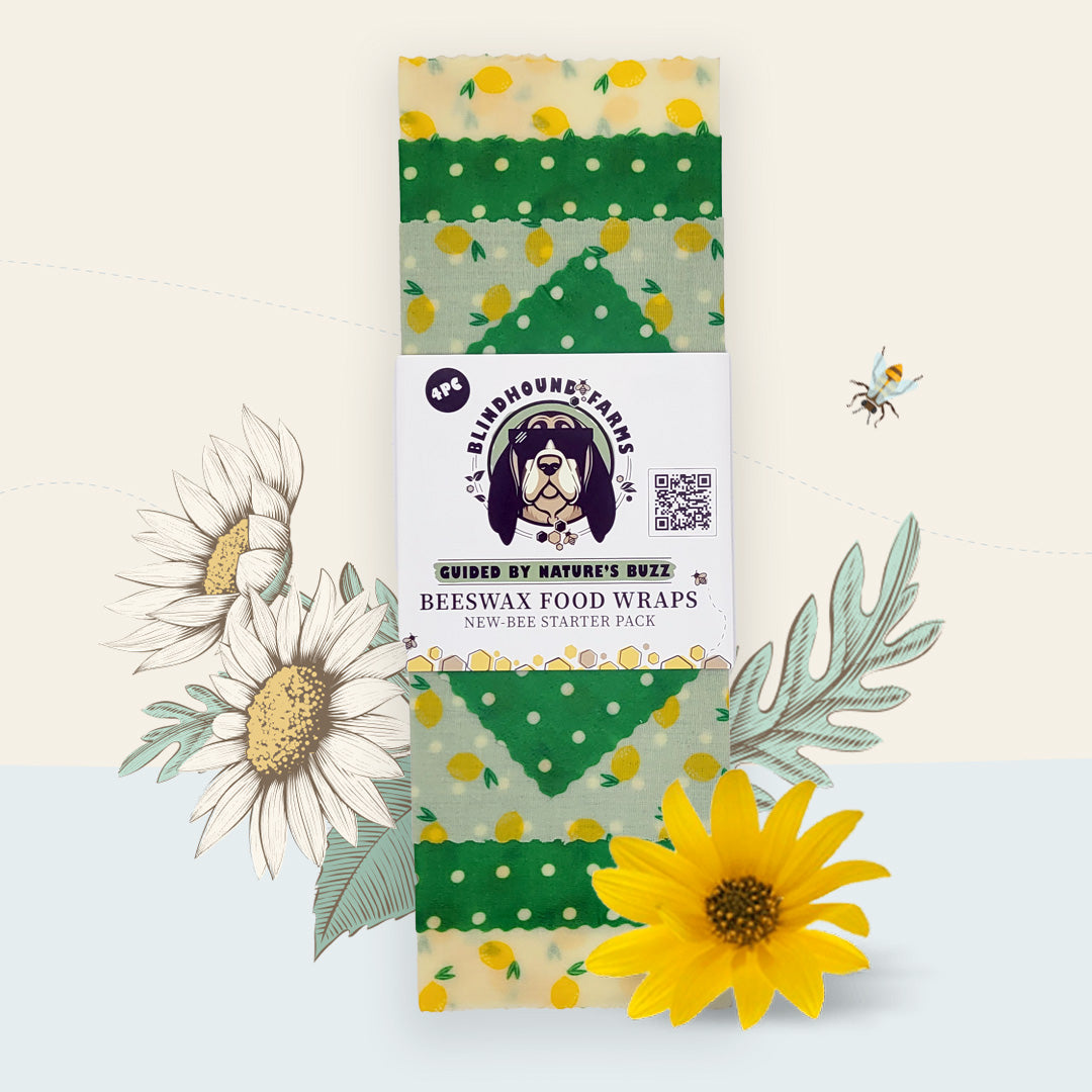 Blindhound Farms Squeeze the Day beeswax wrap set featuring lemon and green polka dot prints, folded and labeled for sale