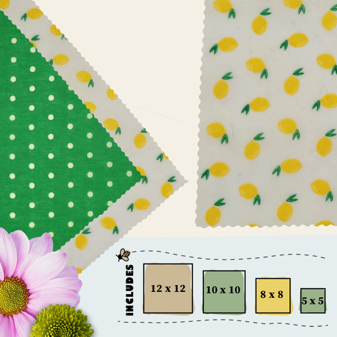 Lemon-themed beeswax food wraps in four sizes with green polka dot secondary pattern, shown laid flat