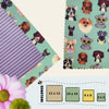 Flatlay of dog print and purple striped beeswax wrap fabrics with sizing layout
