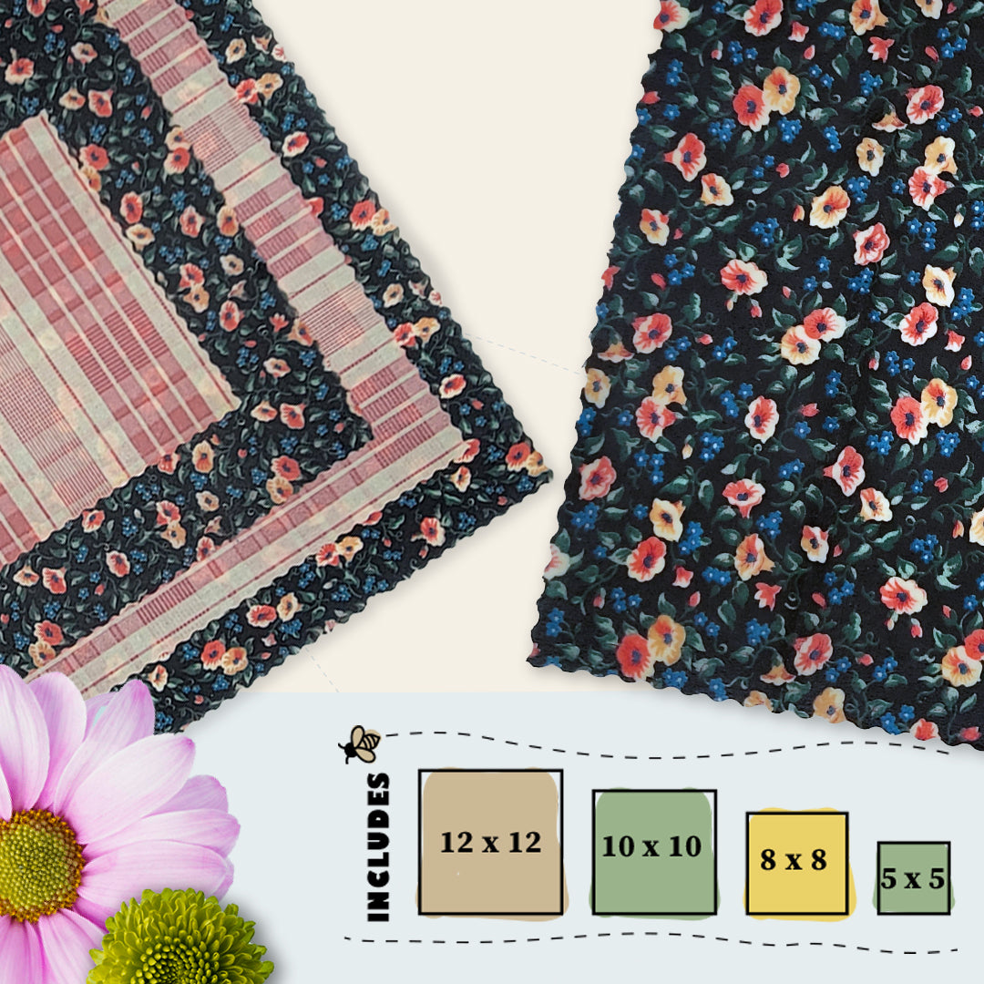 Tea Time Garden beeswax food wraps in four sizes, featuring a dark floral print and soft pink plaid secondary fabric by Blindhound Farms