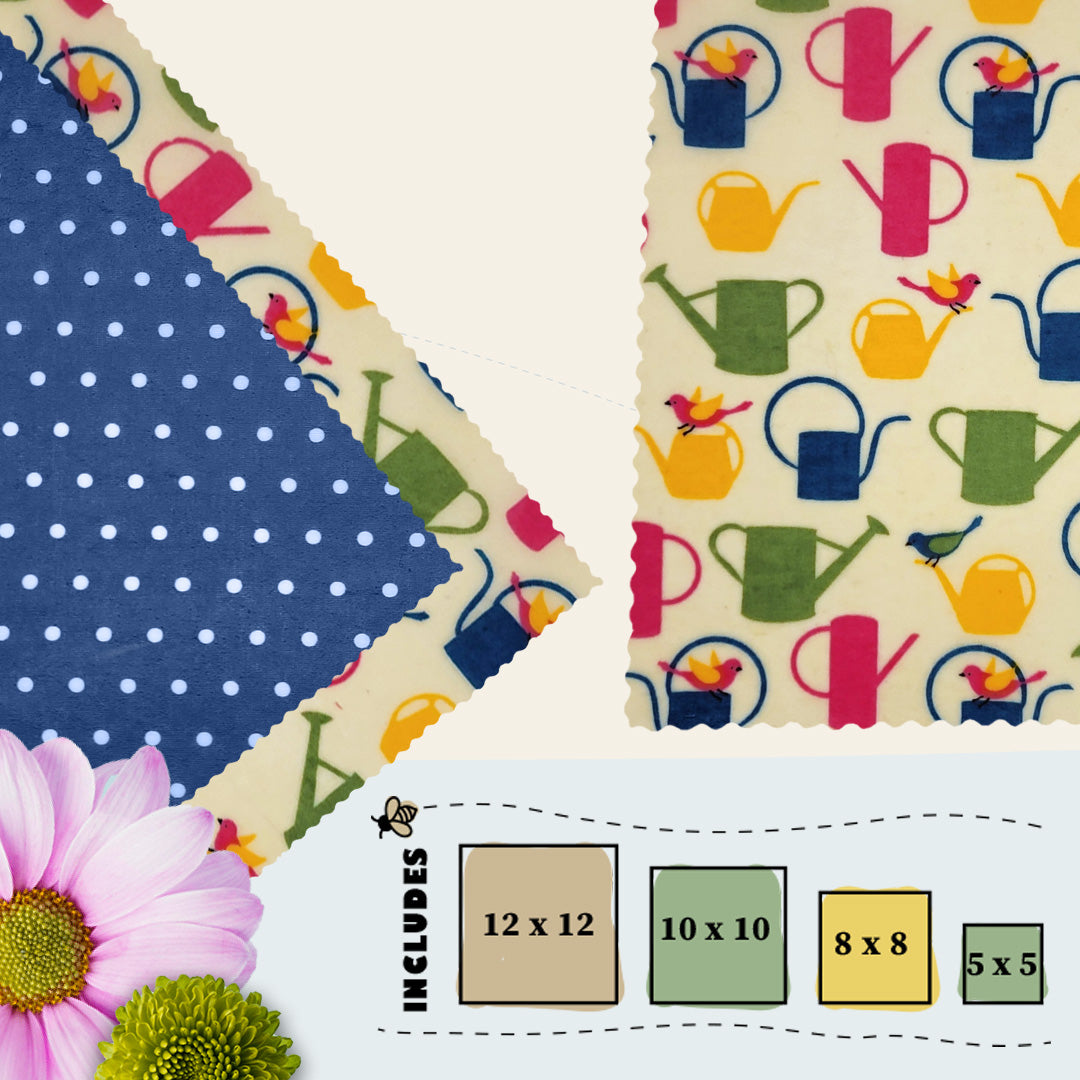 Well Watered beeswax food wraps in four sizes featuring a watering can and bird print with a blue polka dot secondary fabric by Blindhound Farms