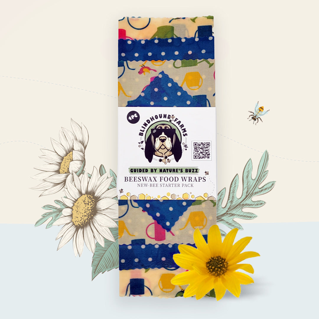 New-Bee Starter Pack – Well Watered by Blindhound Farms, folded and labeled with garden-themed fabric and blue polka dots