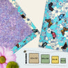 Wildflower Wings beeswax food wraps in four sizes featuring blue floral butterfly print and purple vine secondary fabric by Blindhound Farms
