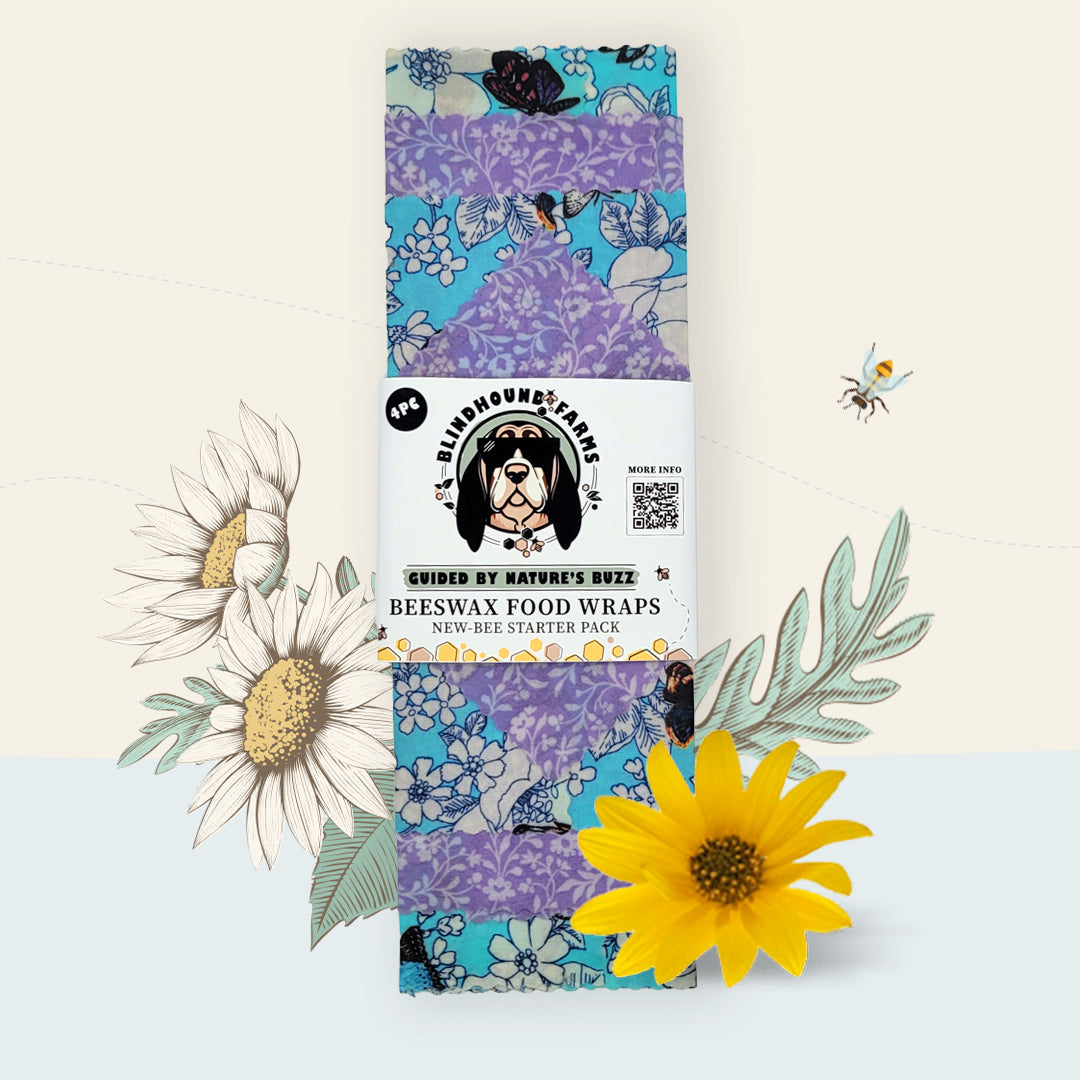 New-Bee Starter Pack – Wildflower Wings by Blindhound Farms, folded and labeled with butterfly floral print and purple accent fabric